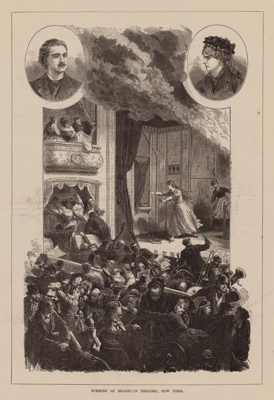 Brenningen av Brooklyn Theatre, New York (gravering) av English School