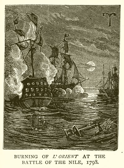 Brenning av LOrient i slaget ved Nilen, 1798 av English School