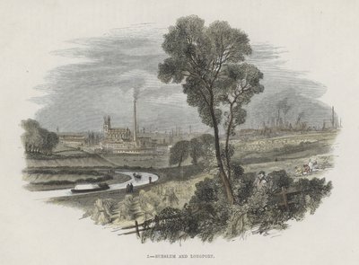 Burslem og Longport, Staffordshire (farget gravering) av English School