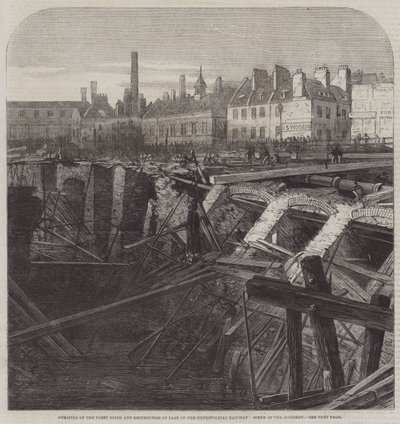 Sprengning av flåtegrøften og ødeleggelse av en del av Metropolitan Railway, ulykkesstedet (gravering) av English School
