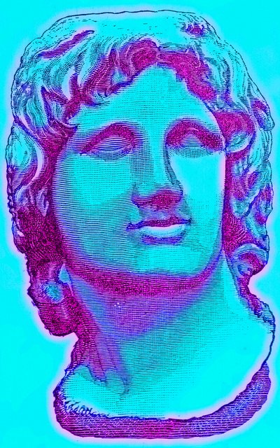 Byste av Alexander den store, fra British Museum, statue i Vatikanet, illustrasjon fra History of Rome av Victor Duruy, utgitt 1884 (digitalt forbedret bilde) av English School
