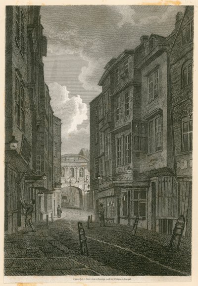 Butcher Row, ser fra Temple Bar, basert på en tegning av Edward Dayes, 9. juni 1796 av English School