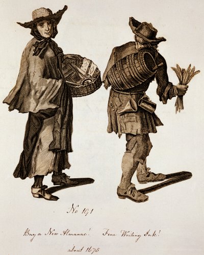 Kjøp en ny almanakk! Fint skriveblekk!, illustrasjon av gateselgere rundt 1675 av English School