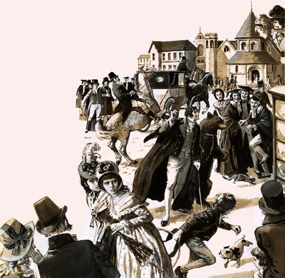 Byron skapte mye oppstandelse med kjæledyrbjørnen sin i Cambridges gater (gouache på papir) av English School