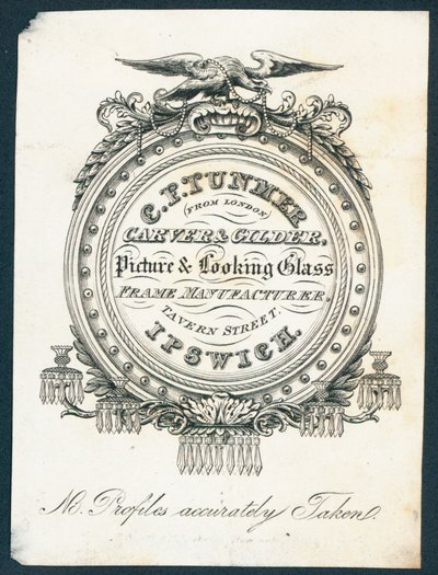 C F Tunmer, skjærer og forgyller, bilde- og glassrammeprodusent, handelskort av English School