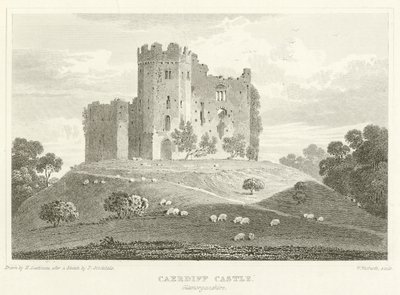 Caerdiff Castle, Glamorganshire (gravering) av English School