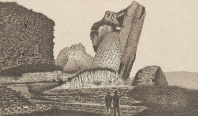 Caerphilly Castle, skjeve tårn (litho) av English School