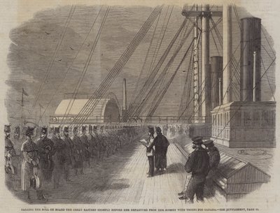 Calling the Roll on Board the Great Eastern kort tid før hennes avgang fra Mersey with Troops for Canada (gravering) av English School