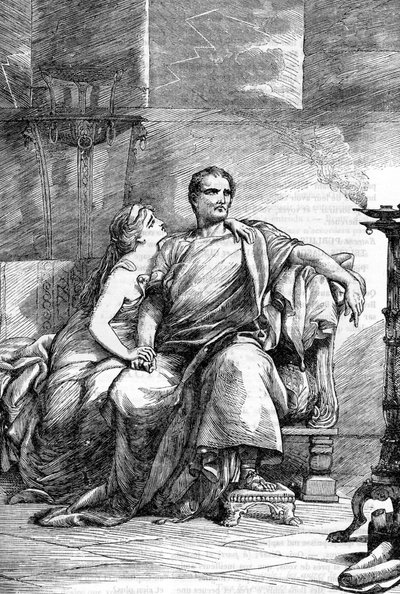 Calpurnia (Calpurnia Pisonis) og Caesar - Jules Cesar - The Tragedy of Julius Caesar - Illustrasjon i "" Completes de William Shakespeare"" 1866 - Illustrasjonene og den generelle formen til denne utgaven er lånt fra Cassells illustrerte Shakespeare, pub av English School