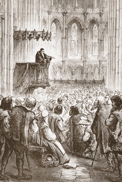 Calvin forkynner sin avskjedspreken i forventning om forvisning, illustrasjon fra The History of Protestantism av James Aitken Wylie (1808-1890), pub. 1878 av English School