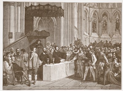 Calvin nekter Herrens Nattverd til Libertines, i St. Peters Cathedral, Genève, illustrasjon fra The History of Protestantism av James Aitken Wylie (1808-1890), pub. 1878 av English School