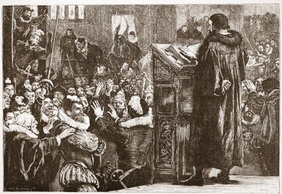 Calvin truet i kirken Rive, illustrasjon fra The History of Protestantism av James Aitken Wylie (1808-1890), pub. 1878 av English School