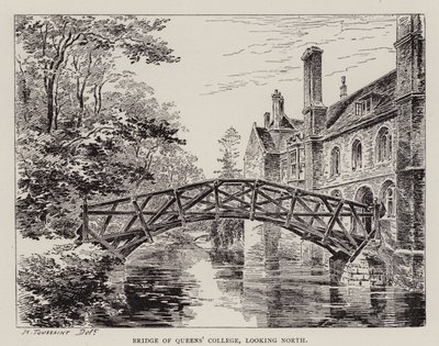 Cambridge: Bridge of Queens' College, ser nordover (etsing) av English School