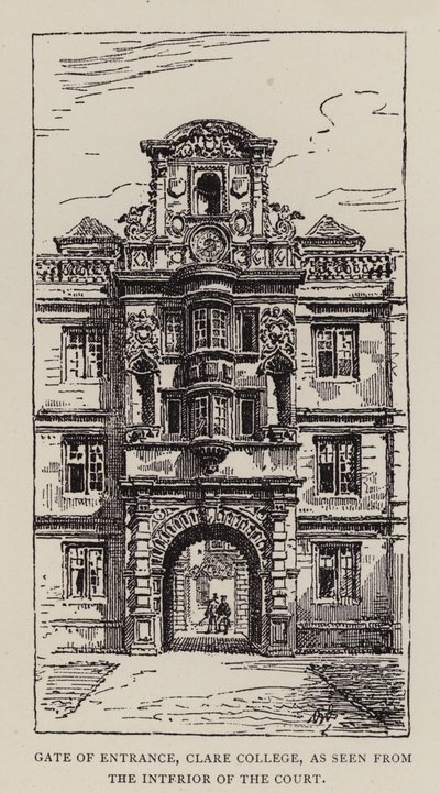 Cambridge: Gate of Entrance, Clare College, sett fra domstolens indre (etsning) av English School