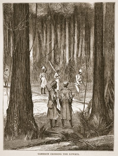 Cameron krysser Luwati, illustrasjon fra The Pictorial Edition of the Life and Discoveries of David Livingstone av J. Ewing Richie, pub. av A. Fullarton & Co., 1876 av English School