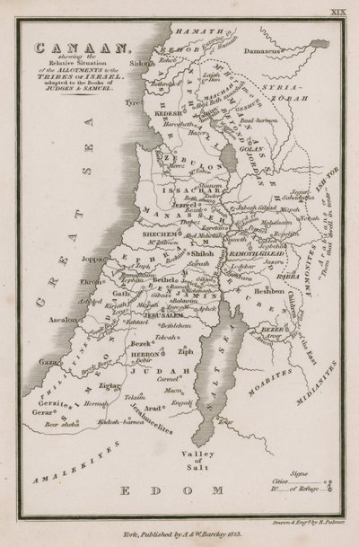 Kanaan, som viser den relative situasjonen for tildelingene til Israels stammer, tilpasset Dommernes og Samuelsbøker av English School