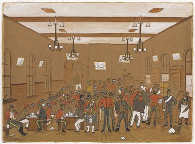 Kantine med menn fra 7. Dragoon Guards, 3rd Hussars, Scots Greys og 10th Hussars, 1886 (wc på papir) av English School