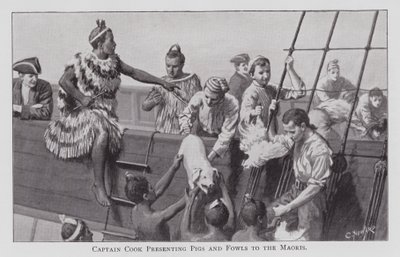 Kapitän Cook präsentiert Schweine und Hühner den Maoris von English School
