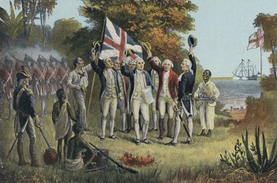 Captain Cook tar Australia i besittelse (farge litho) av English School