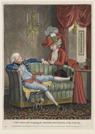 Kaptein Jessamy lærer den rette disiplinen til sofaen, ca. 1782 (håndfarget mezzotint) av English School