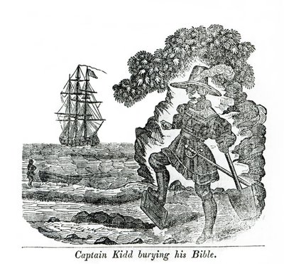 Captain Kidd Burying His Bible, illustrasjon fra "Pirates own Book" av Charles Elms av English School