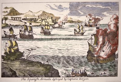 Kaptein Morgan beseirer spanske krigsskip som blokkerer munningen av Maracaibo-sjøen i 1669 (farget gravering) av English School