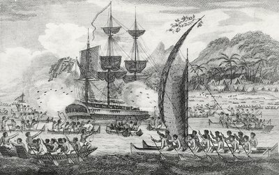 Captain Wallis attacked by the Indians av English School