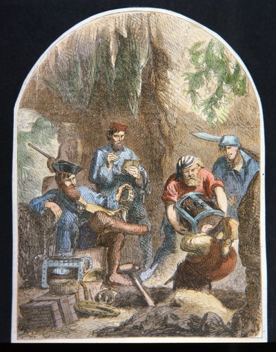 Kaptein William Kidd skjuler skatt i en hule (farge litho) av English School