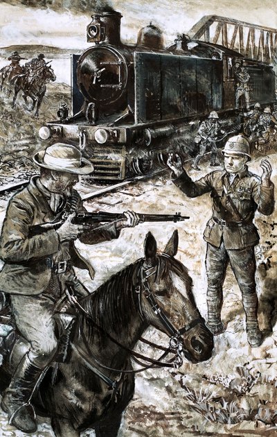 Fangst av Winston Churchill under boerkrigen (gouache på papir) av English School