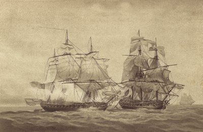 Fangst av den franske fregatten l'Immortalite av den britiske fregatten HMS Fisgard, kommandert av kaptein Thomas Byam Martin, utenfor Brest, Frankrike, 20. oktober 1798 (litho) av English School