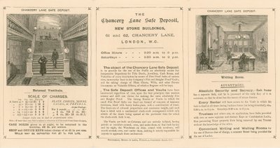Kort som annonserer Chancery Lane Safe Deposit, 61-62 Chancery Lane, London av English School