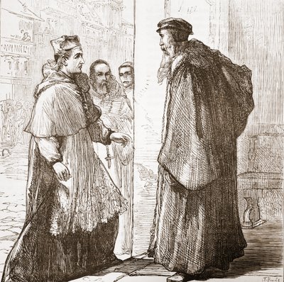 Kardinal Sadoleto besøker Calvin, illustrasjon fra The History of Protestantism av James Aitken Wylie (1808-1890), pub. 1878 av English School
