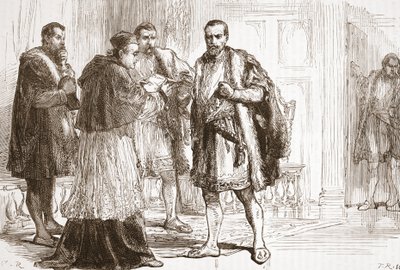 Kardinal de Tournon leser det protestantiske plakatet til Francis I, illustrasjon fra The History of Protestantism av James Aitken Wylie (1808-1890), pub. 1878 av English School