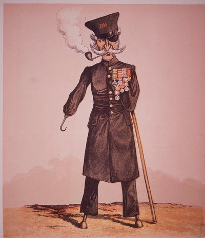 Karikatur av Chelsea Pensjonist ved Royal Hospital, fra 'Army and Navy Drolleries' av major Seccombe (farget gravering) av English School