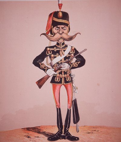 Karikatur av vaktposten til 11. husarer, fra 'Army and Navy Drolleries' av major Seccombe (farget gravering) av English School
