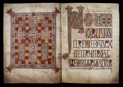 Teppeside og Incipit-side som introduserer St. Hieronymus#39; brev til pave Damasus, Cotton Nero D. IV, f.2v og f.3r fra Lindisfarne-evangeliene, 710–721 (vellum) av English School