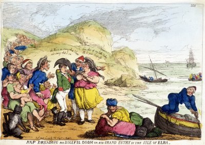Tegneserie om ankomsten av Napoleon Bonaparte til Elba. av English School