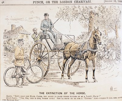 Tegneserie om fremkomsten av sykler og motorisert transport og den påfølgende slutten på hestetrukne trafikk, fra magasinet Punch, 10. august, 1895 av English School