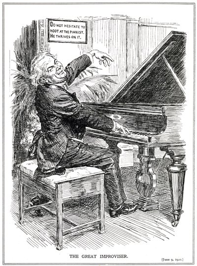 Tegneserie som viser LLoyd George som den store improvisatoren eller lederen av Improvisa-Tories, juni 1920 av English School