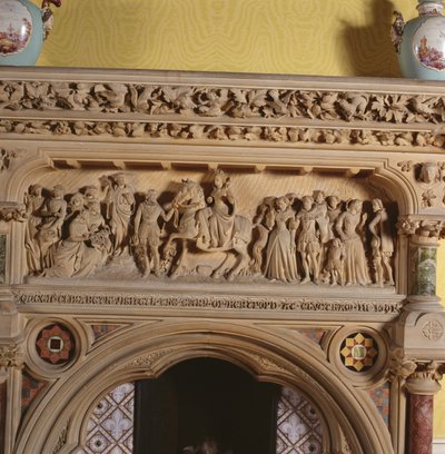 Utskåret peis i salongen, som viser Elizabeth I som ble møtt av jarlen av Hereford i 1591, 1500-tallet av English School