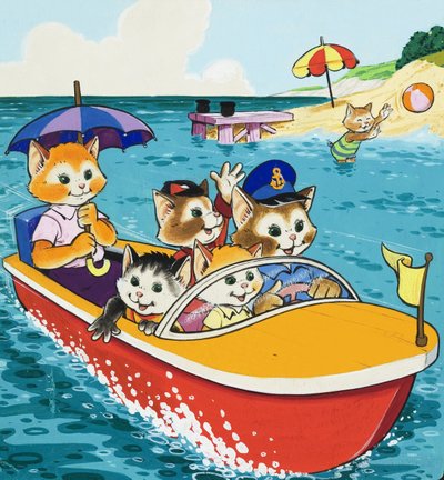 Kattefamilie i motorbåt av English School