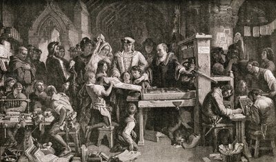 Caxton (ca. 1422-91) viser eksemplarer av hans trykk til kong Edward IV ved Almonry i Westminster, 1858 av English School