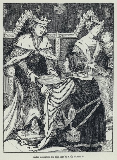 Caxton presenterer sin første bok til kong Edward IV (litho) av English School