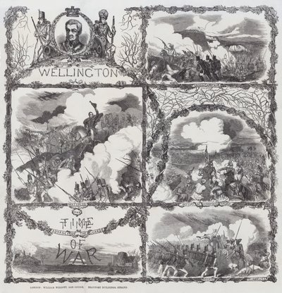 Feirer hertugen av Wellingtons seire ved beleiringen av Seringapatam (1799), nederlaget til Dhondia Wagh (1800), slaget ved Assaye (1803) og slaget ved Waterloo (1815) (gravering) av English School