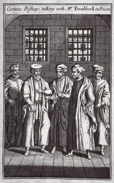 Enkelte biskoper snakker med Bradford i fengselet, illustrasjon fra Foxes Martyrs ca. 1703 av English School