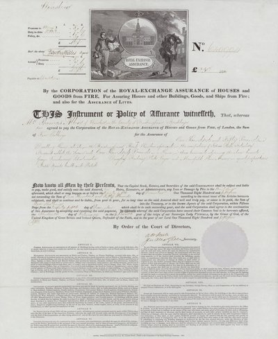 Sertifikat for brannforsikring utstedt av Royal Exchange Assurance Corporation for et hus i Wilmslow, Buckinghamshire av English School