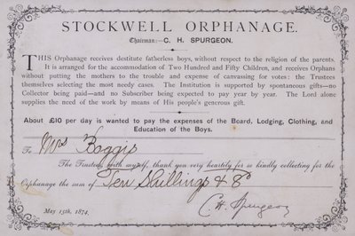 Takkebevis for en donasjon til Stockwell Orphanage, London, 1874 av English School