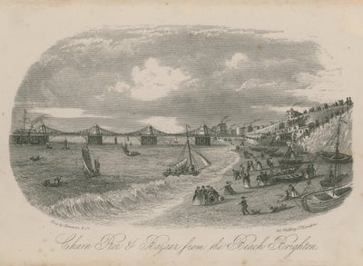 Chain Pier and Bazaar fra stranden i Brighton av English School