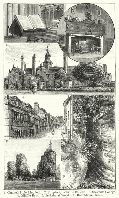 lenket bibel, Lingfield; Peis, Sackville College; Sackville College; midtre rad; I Ashurst Wood; Brambletye Castle (gravering) av English School