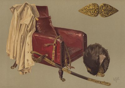 Stol og kappe til feltmarskalk hertugen av Wellington, med bjørneskinn og sverd til Grenadier Guards (chromolitho) av English School